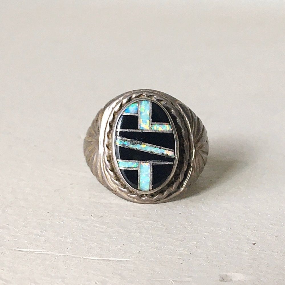 Vintage Native American Fire Opal & Onyx Ring